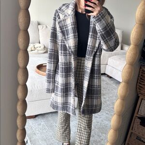 Joan rivers plaid grey teddy Faux Fur Coat jacket Sherpa shearling